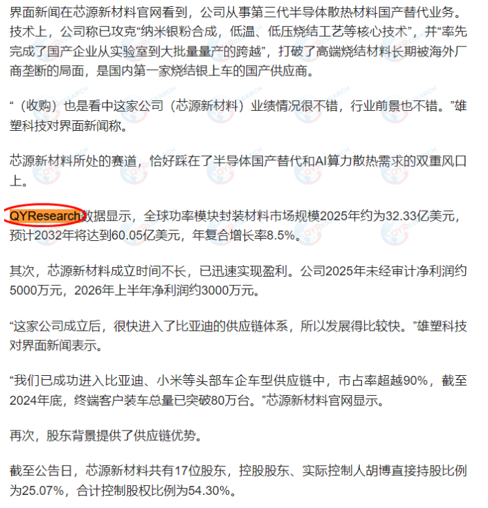 Guangdong Xiongsu Technology Group Co., Ltd. Cites QYResearch‑Published Power Module Packaging Materials Market Report on October 12